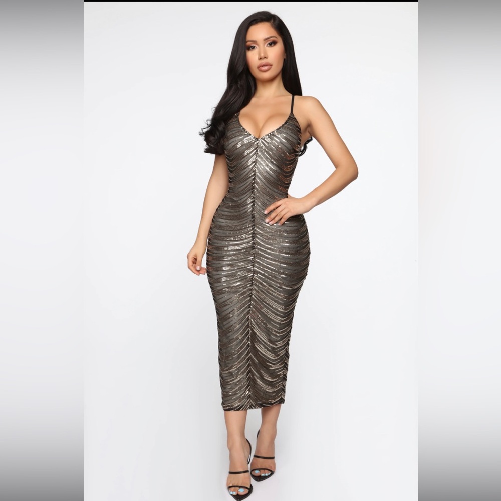 NWT Fashion Nova Truth Hurts Midi Sequin Dress - Black/Gold